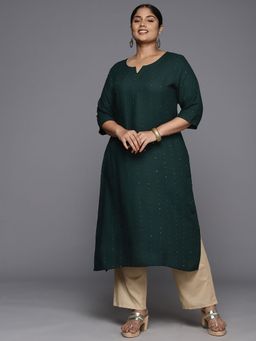 Extra love by Libas - Plus Size Women Green Rayon Embroidered Straight Kurtas for Women