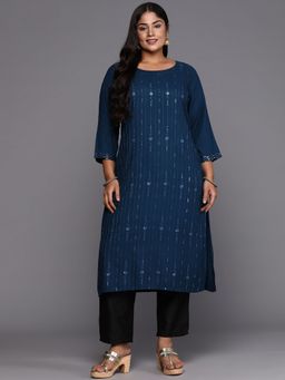 Extra love by Libas - Plus Size Women Blue Embroidered Rayon Straight Kurtas for Women