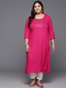 Extra love by Libas - Hot Pink Embellished Rayon Straight Kurtas for Women