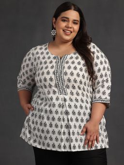 Extra love by Libas - White Printed Cotton Straight Kurtis for Women