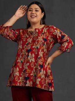 Extra love by Libas - Plus Size Women Maroon Printed Silk Blend A-Line Kurtis for Women