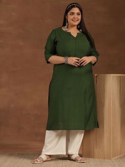 Extra love by Libas - Plus Size Women Green Woven Design Silk Straight Kurtas for Women