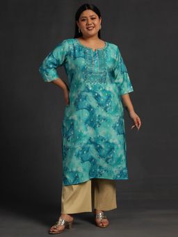 Extra love by Libas - Blue Yoke Design Silk Straight Kurtas for Women