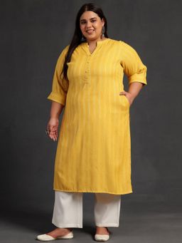 Extra love by Libas - Plus Size Women Yellow Woven Design Rayon Straight Kurtas for Women