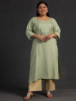 Extra love by Libas - Green Yoke Design Rayon Straight Kurtas for Women