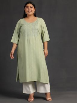 Extra love by Libas - Green Yoke Design Silk Straight Kurtas for Women