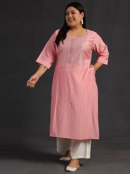 Extra love by Libas - Plus Size Women Peach Yoke Design Silk Straight Kurtas for Women