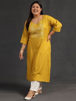 Extra love by Libas - Mustard Yoke Design Silk Straight Kurtas for Women