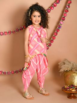 Lil Pitaara - Pure Cotton Bandini Ethnic Dhoti With Sleeveless Kurta Orange (Set of 2)