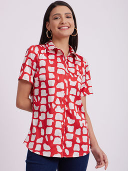 FableStreet - Satin Collared Relaxed Fit Shirt - Red and White