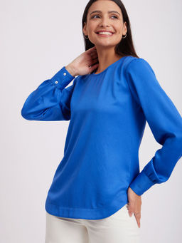 FableStreet - Satin Round Neck Top - Blue