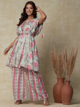 FASHOR - Printed Embroidered Kimono Sleeves Layered Top with Belt & Palazzo - Green (Set of 3)