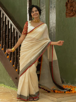 Suta - Off White Cotton Blend Woven Design Saree without Blouse
