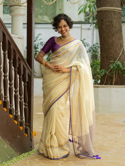 Suta - Off White Cotton Blend Handloom Saree without Blouse