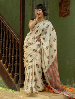 Suta - Off White Cotton Blend Printed Saree without Blouse