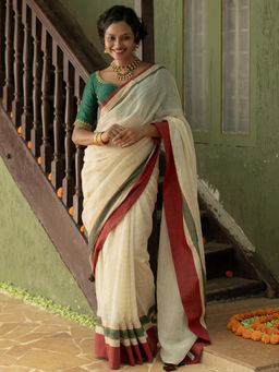 Suta - Off White Cotton Blend Woven Design Saree without Blouse