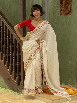 Suta - Off White Cotton Blend Printed Saree without Blouse