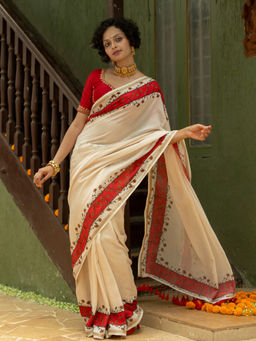 Suta - Off White Cotton Blend Printed Saree without Blouse