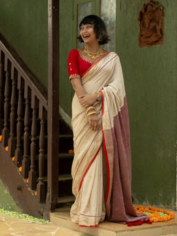 Suta - Off White Cotton Blend Woven Design Saree without Blouse