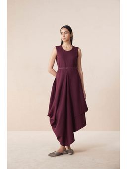 AMPM - Arzu Burgundy Solid Midi Dress with Belt