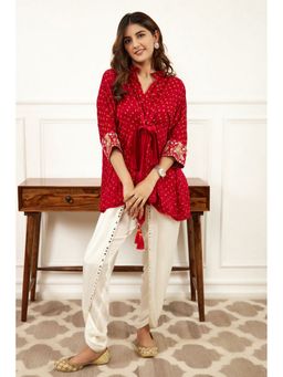 Twenty Nine - Bandhani Hi-Neck Top With Cuffs And Belt