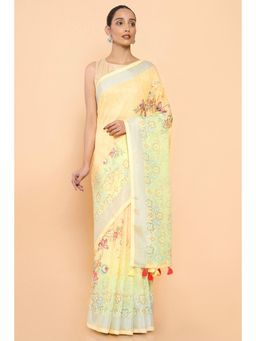 Soch - Women Yellow Linen Floral Saree with Unstitched Blouse