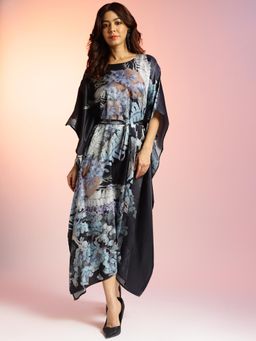 Navyasa By Liva - Black Liva Satin Floral Print Kaftan