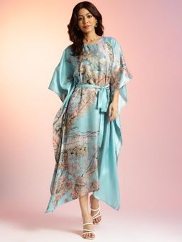 Navyasa By Liva - Light Green Liva Satin Floral Print Kaftan