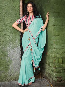 Akhilam - Womens Georgette Sea Green Printed Designer Saree with Unstitched Blouse