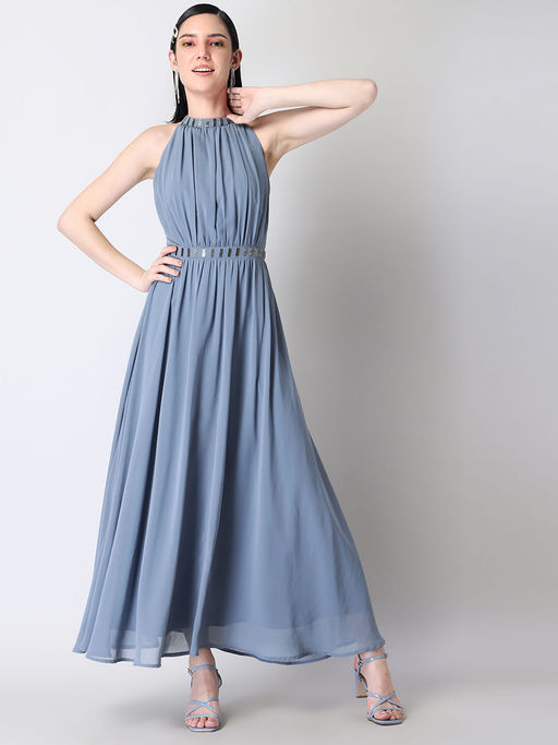 Buy FabAlley Blue Halter Neck Embellished Maxi Dress Online