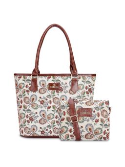 The Clownfish - White Floral Sling Crossbody Bag and Faux Leather Handbag (Set of 2)