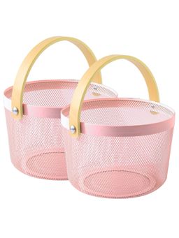 UMAI - Metal Mesh Basket with Wooden Handle Pink Multipurpose