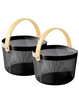 UMAI - Metal Mesh Basket with Wooden Handle Multipurpose Black