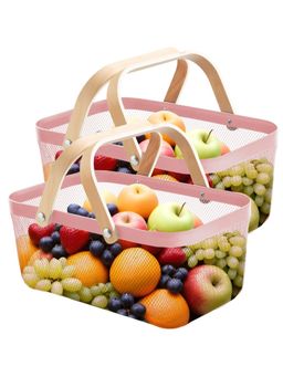 UMAI - Rectangular Metal Mesh Basket with Wooden Handle Pink Multipurpose