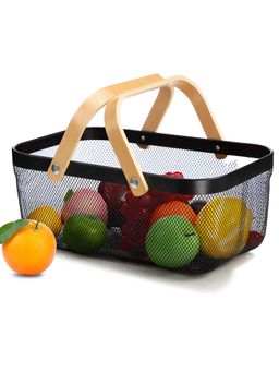 UMAI - Rectangular Metal Mesh Basket with Wooden Handle Black