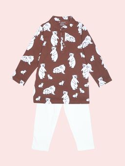 Be Awara - Bear Pattern Boys Kurta Pyjama - Brown (Set of 2)