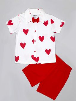 Be Awara - Boys Heart Print Half Sleeves Shirt Shorts with Bow Tie - White (Set of 3)