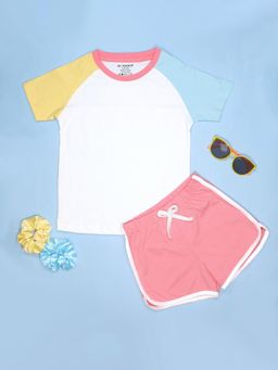 Be Awara - Girls Color Block Raglan Half Sleeves T-Shirt & Shorts - White (Set of 2)