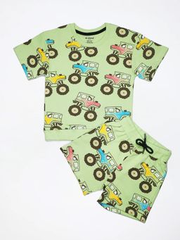 Be Awara - Monster Truck Print Kids Oversized T-Shirt & Shorts-Green (Set of 2)