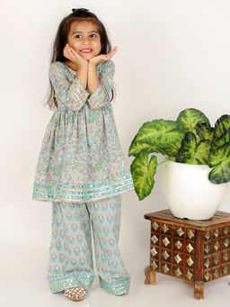 The Mom Store - Silver Grey Embroidered Girls Kurta with Palazzo (Set of 2)