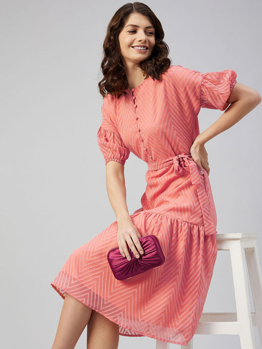 Buy RARE Women Casual Peach Colour Midi Self Design Dress Online