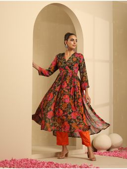 Indy Raaga - Pure Chinnon Printed Flair Kurta-Black