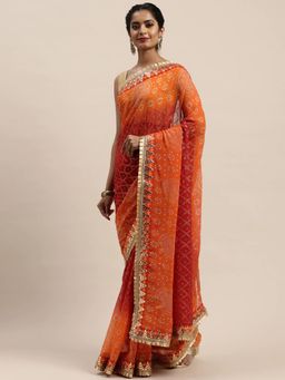 Vastranand - Orange & Red Poly Georgette Printed Bandhani Saree with Unstitched Blouse