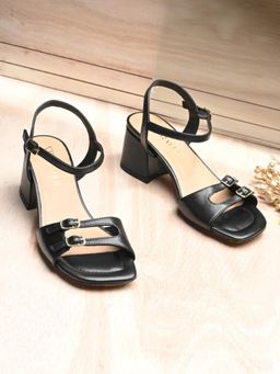 MIORAH - Women Black Dual Strap Block Heels