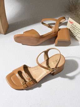 MIORAH - Women tan Dual Strap Block Heels