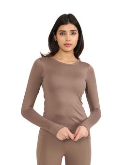 Hunnit - Brown Zen Full Sleeves Active Wear T-Shirt for Women with Built In Bra