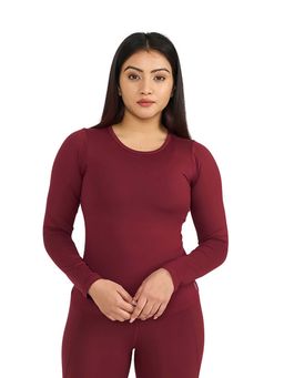 Hunnit - Wine Zen Full Sleeves Active Wear T-Shirt for Women with Built In Bra