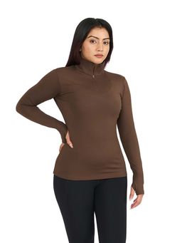 Hunnit - Brown Zen Full Sleeves High Neck 3/4Th Zipper Training T-Shirt for Women