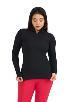 Hunnit - Black Zen Full Sleeves High Neck 3/4Th Zipper Training T-Shirt for Women