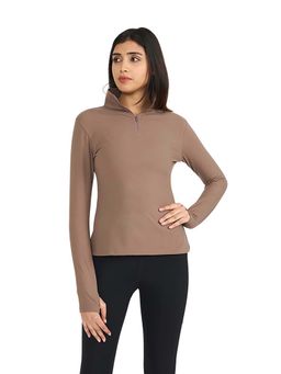 Hunnit - Brown Zen Full Sleeves High Neck 3/4Th Zipper Training T-Shirt for Women